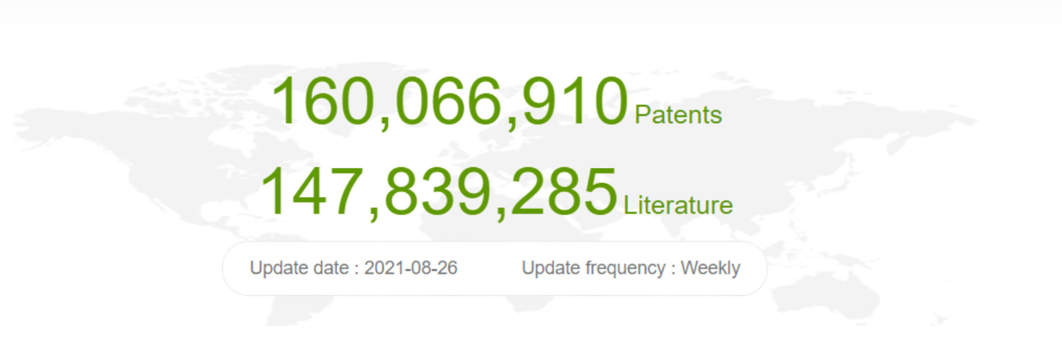 2021년 08월 26일 현재 PatSnap 통계를 보여주는 PatSnap 통계 그래픽: 160,066,910개 특허; 147,839,285개의 문헌 출처.