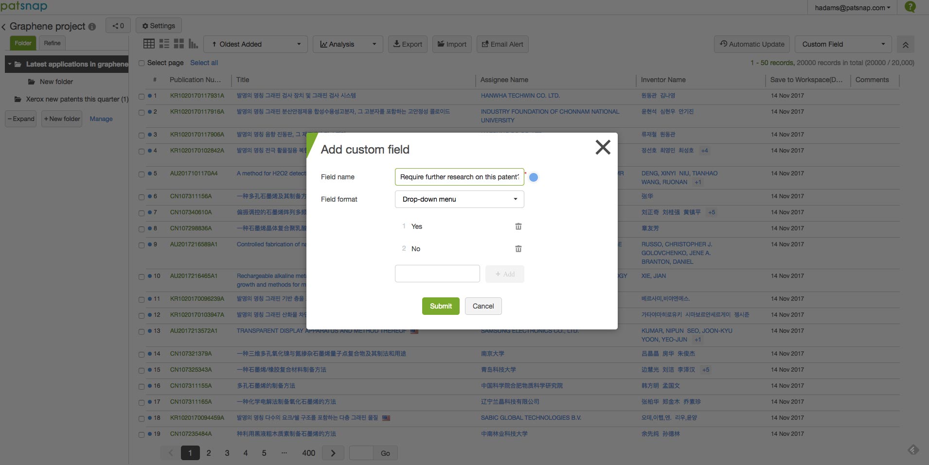 Custom fields in PatSnap Workspaces (Source: PatSnap platform)