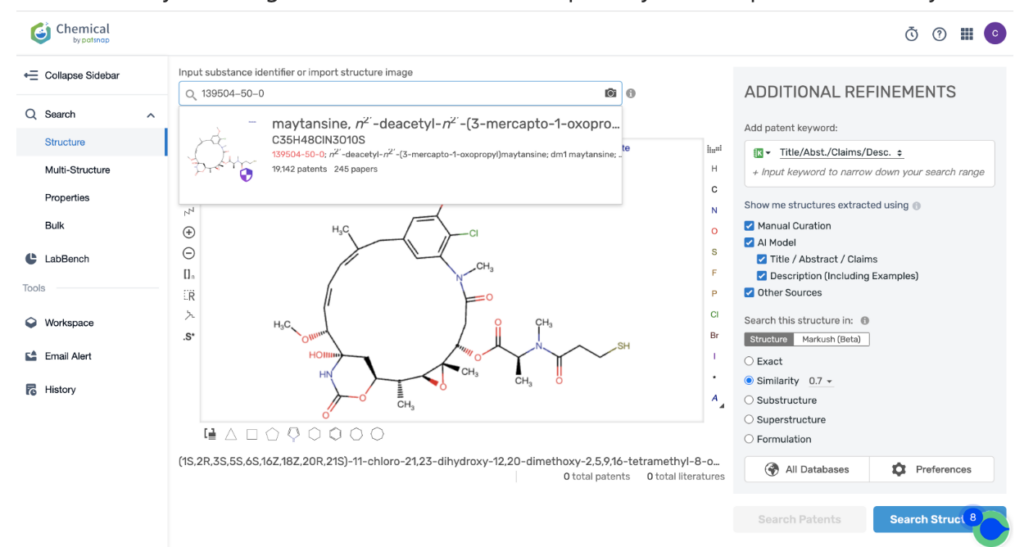 Patsnap Bio Sequence Search Chemical Database、Kadcyla の MCC リンカーとその強力な細胞毒性物質 DM1 に関連する特許の詳細。