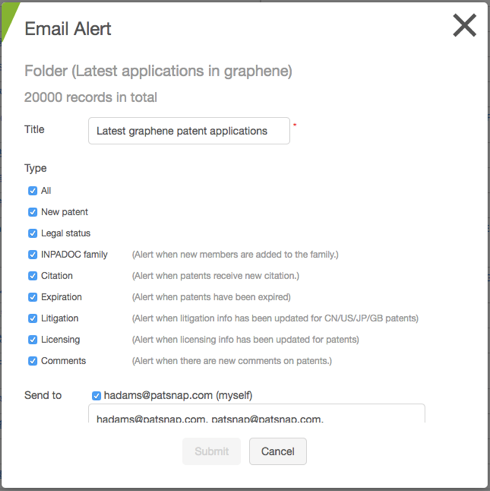 Email alerts for changes in latest graphene related patent applications (Source: PatSnap platform)